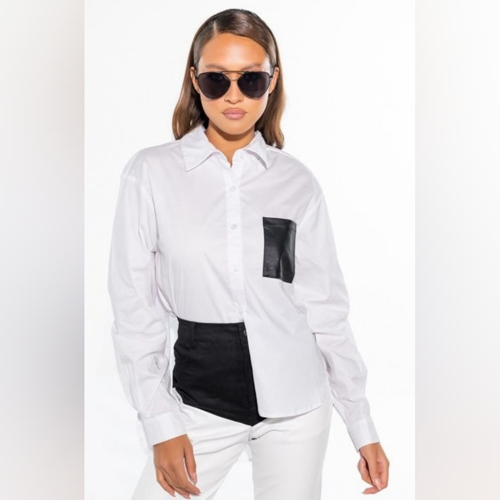 NWT All Day Poplin White Button Down Long Sleeve Blouse w/Vegan Leather Pocket